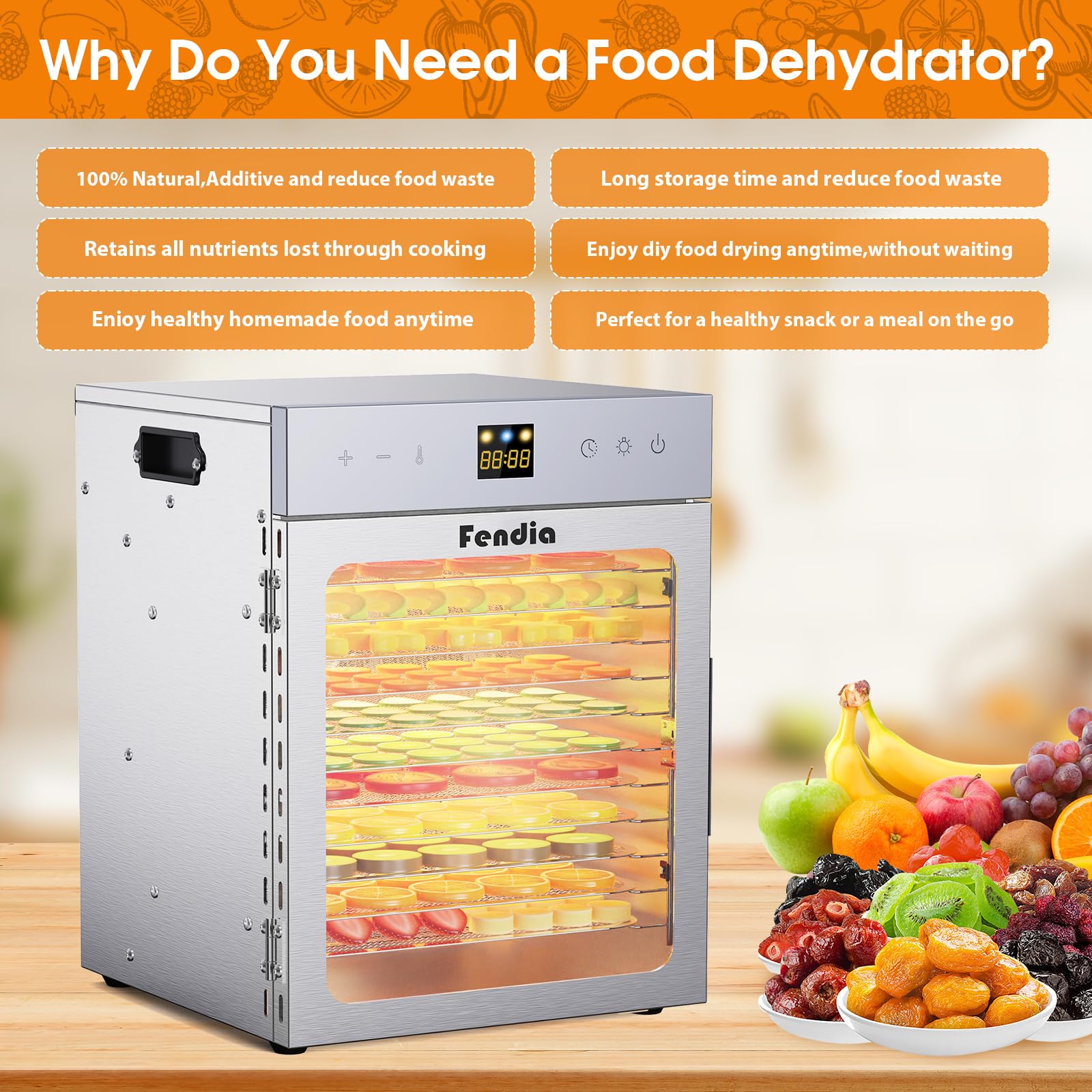 Fendia dehydrator glass-door monitor for observing drying progress.