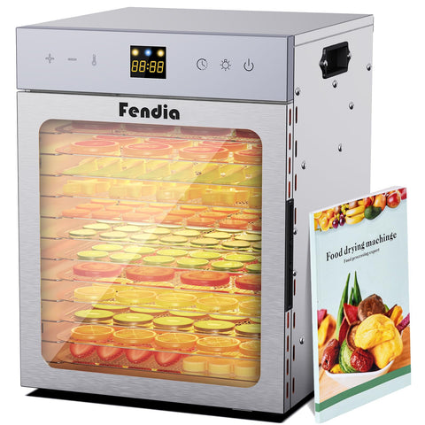 Fendia food dehydrator front view with 12 trays and even airflow.