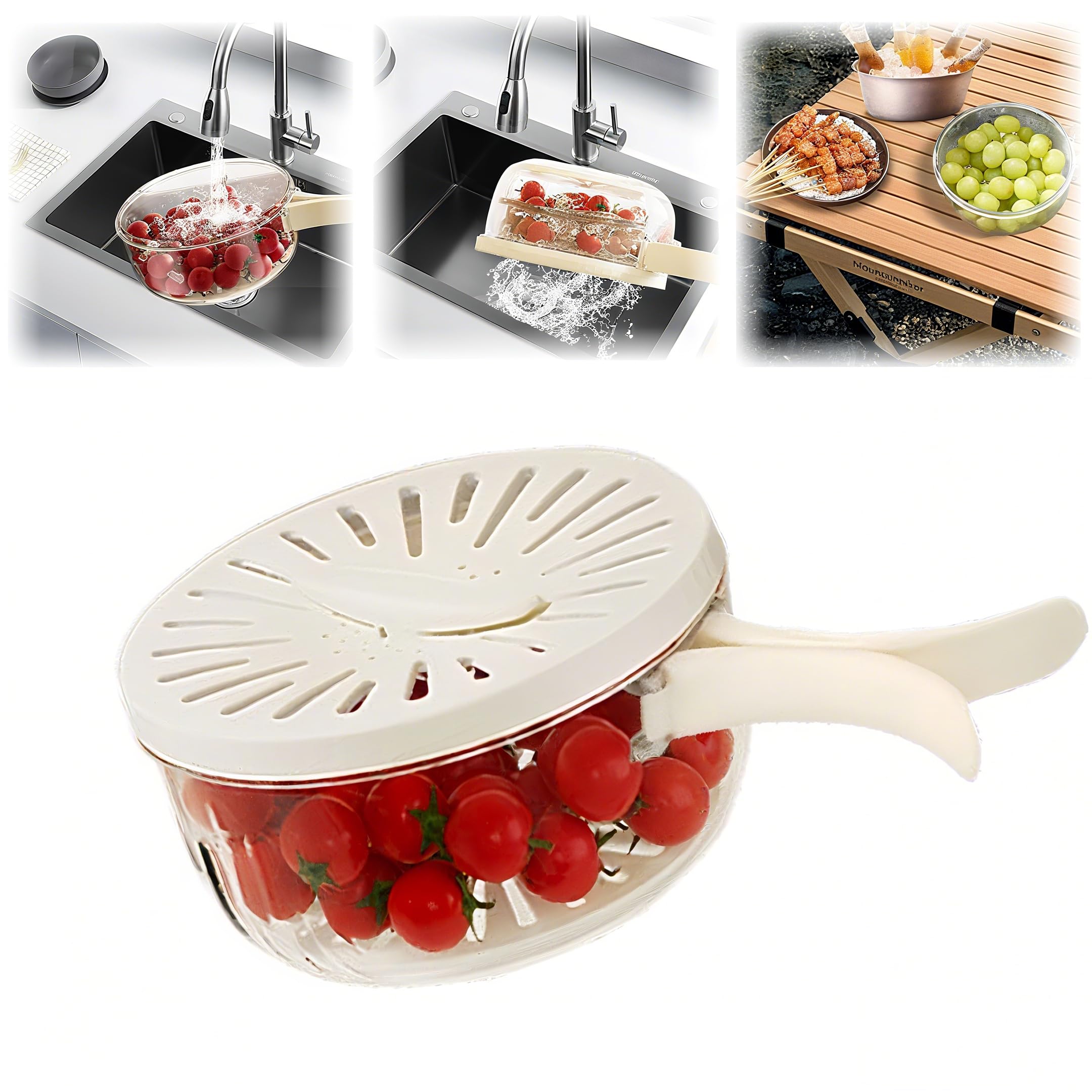 FENGSHOUNIAN fruit washing bowl with strainer and lid for quick, fresh fruit prep.
