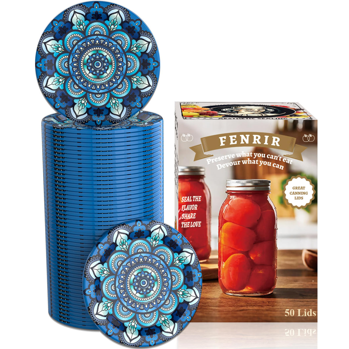 FENRIR 50-piece regular-mouth lids in blue-green for airtight sealing and fresh storage.