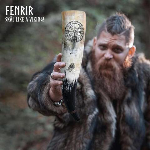 FENRIR handcrafted Viking horn with intricate carving and color variations