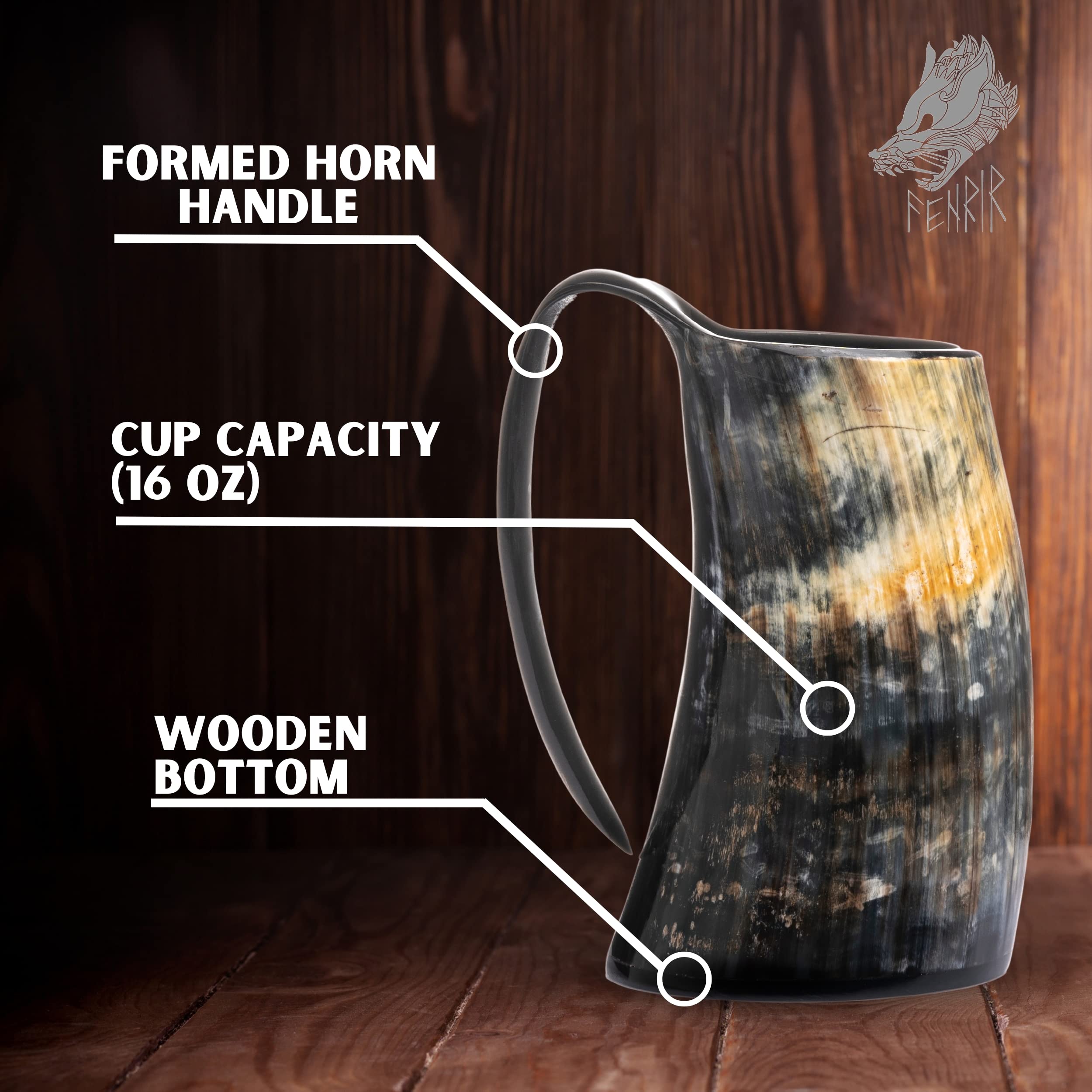 FENRIR horn mug close-up shows natural finish and unique engravings