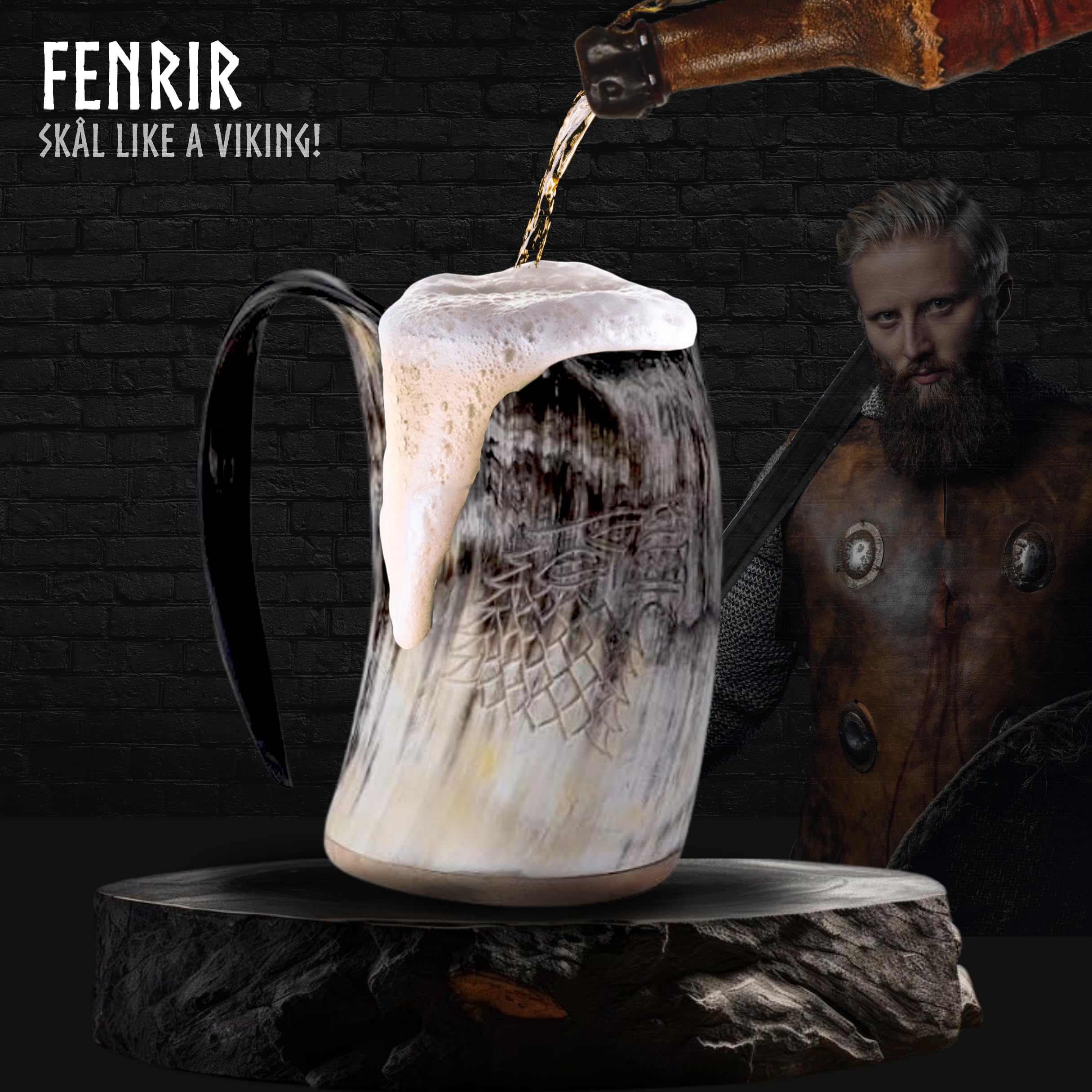 Natural finish on Fenrir horn mug ensures unique Viking look