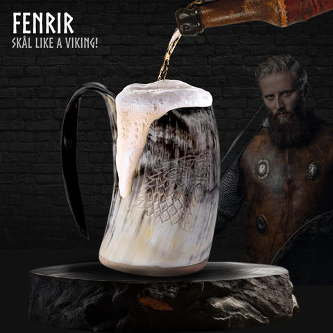 Natural finish on Fenrir horn mug ensures unique Viking look