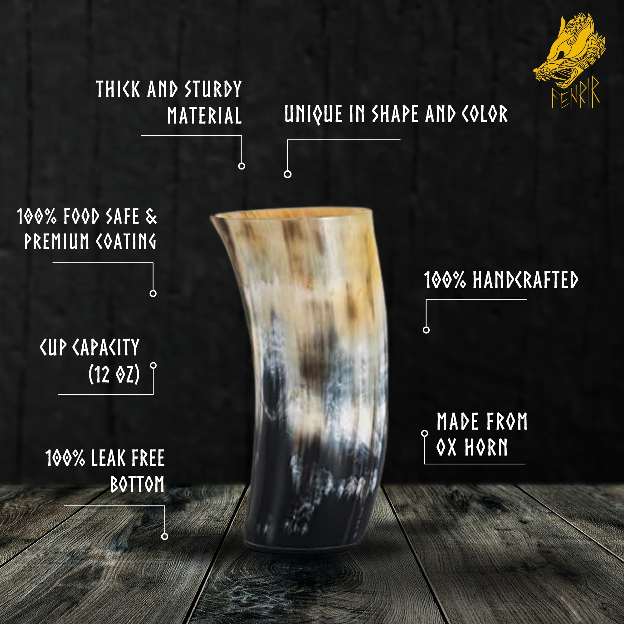 FENRIR natural ox-horn finish mug shows unique each-piece character.