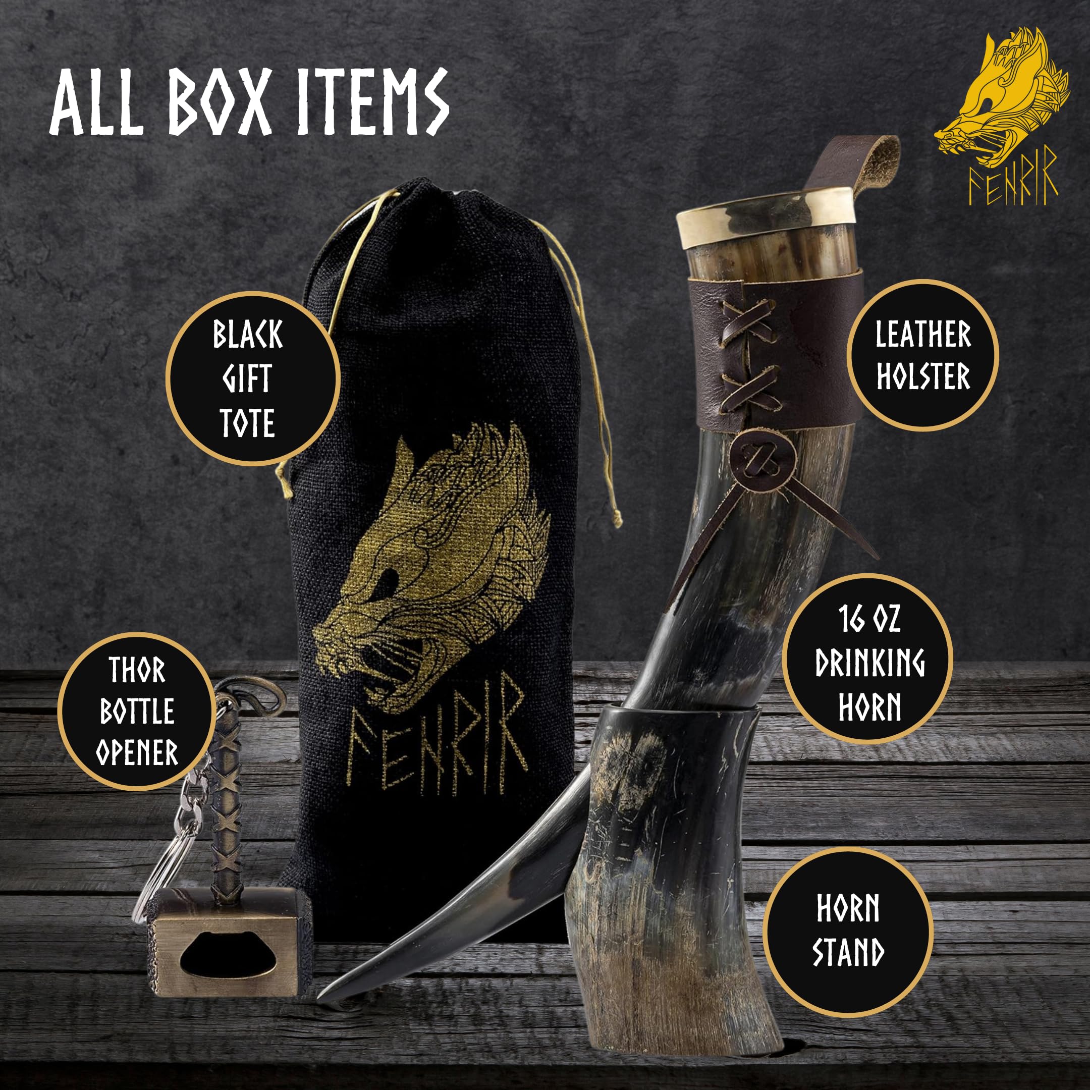FENRIR ox horn with leather holster, convenient carry and display.