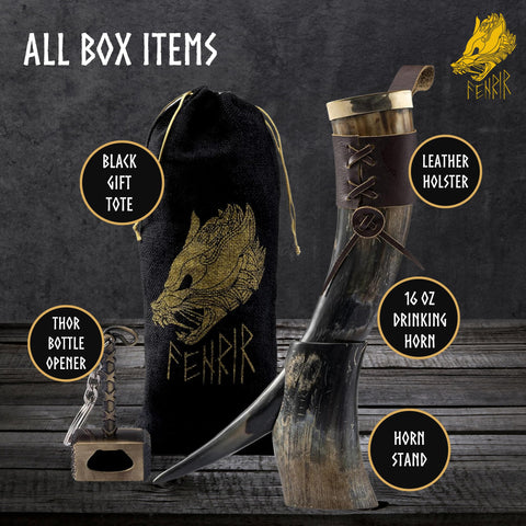 FENRIR ox horn with leather holster, convenient carry and display.