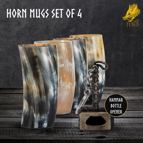 FENRIR ox-horn mug with bottle opener, highlighting handmade craftsmanship and practicality.