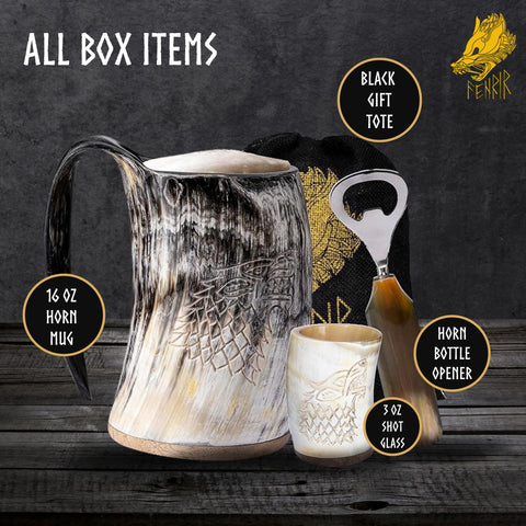 Ox horn mug with bottle opener for easy, mess-free serving