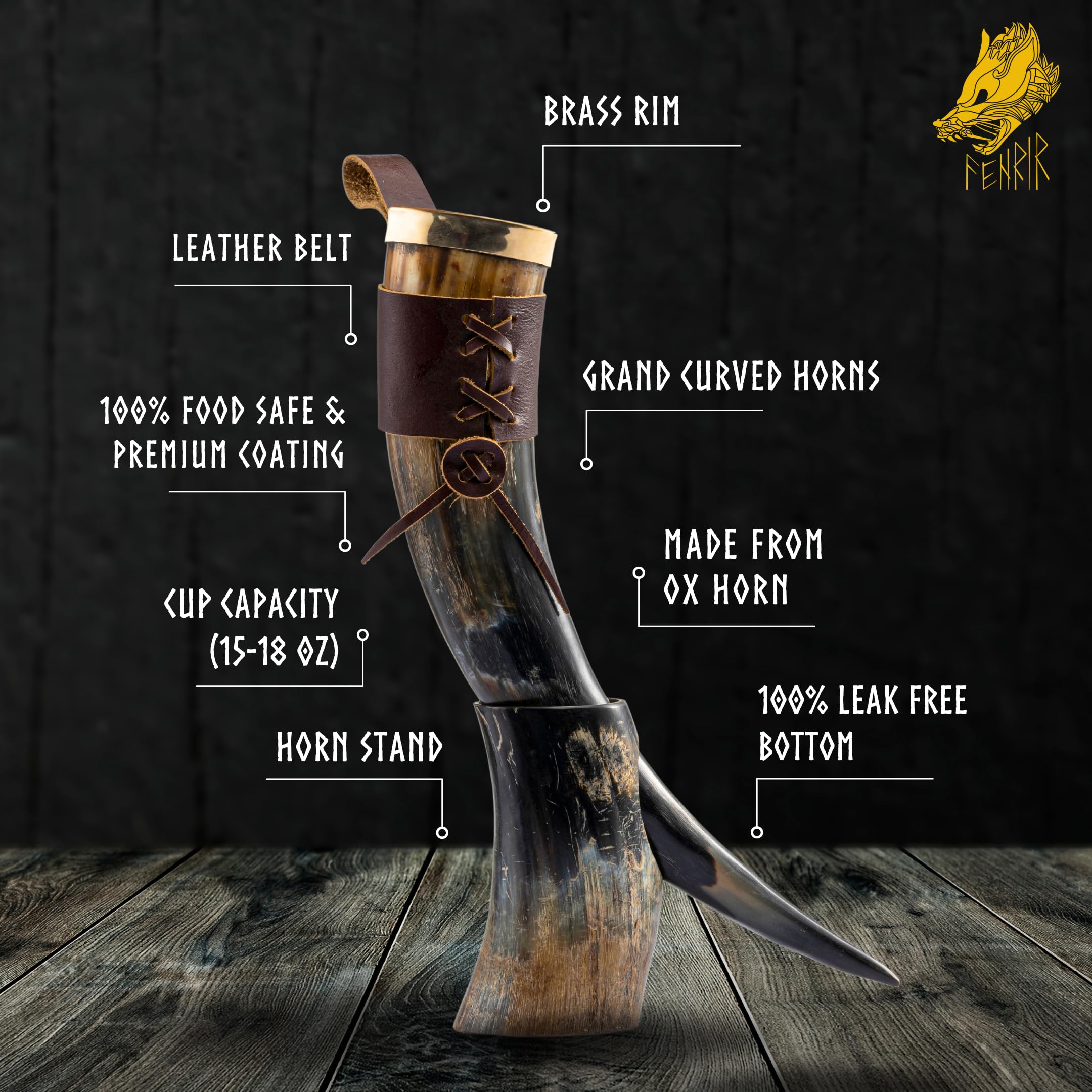 FENRIR Thor bottle opener attached to horn, handy for celebrations.