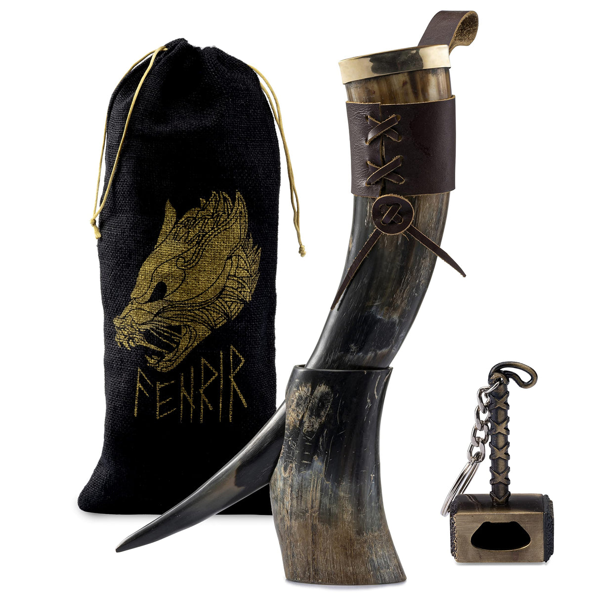FENRIR Viking drinking horn with stand, natural ox horn, perfect for beer or mead moments.