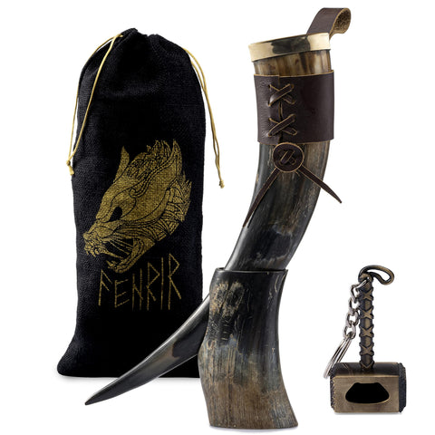 FENRIR Viking drinking horn with stand, natural ox horn, perfect for beer or mead moments.