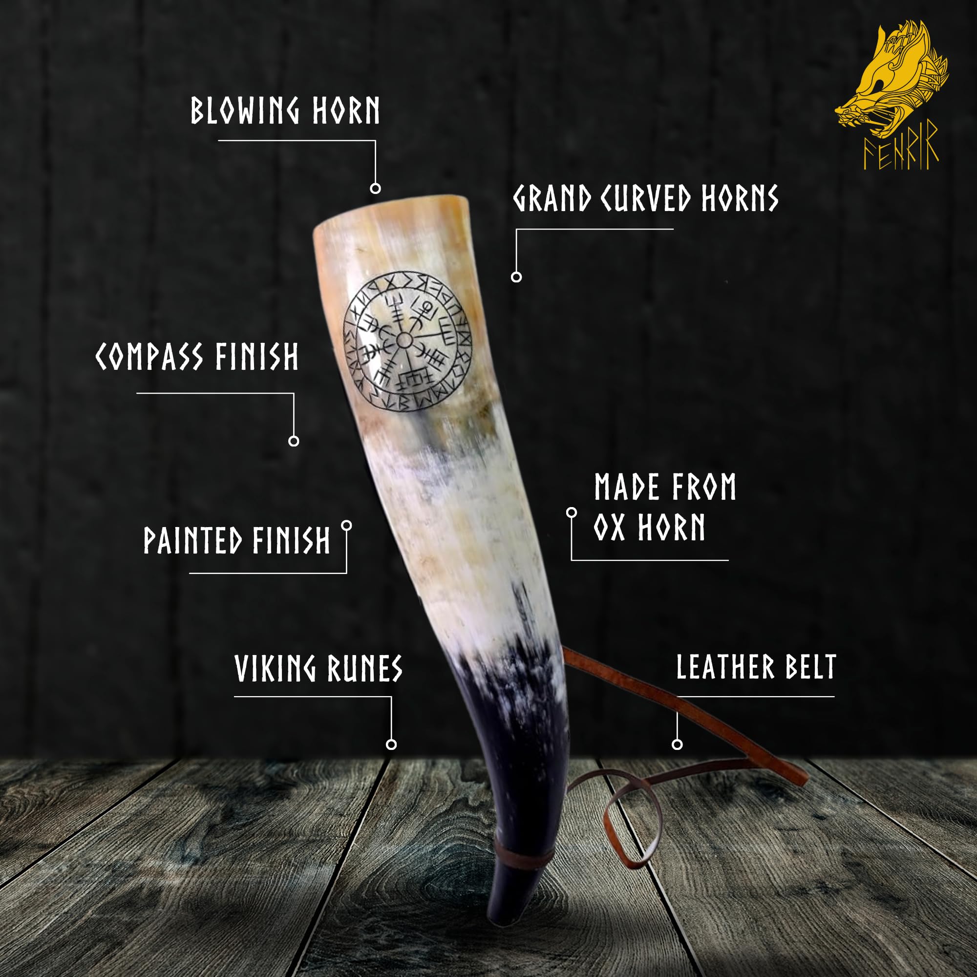 FENRIR Viking horn with leather strap, ready to hang in living spaces