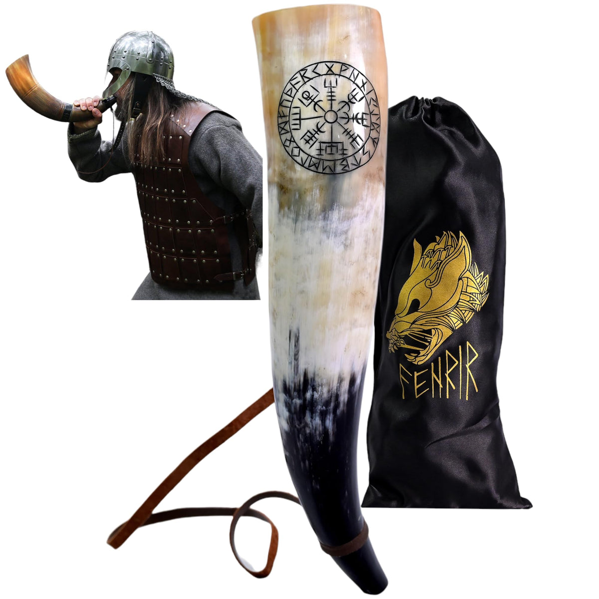 FENRIR Viking war blowing horn 18-inch with compass finish for history display