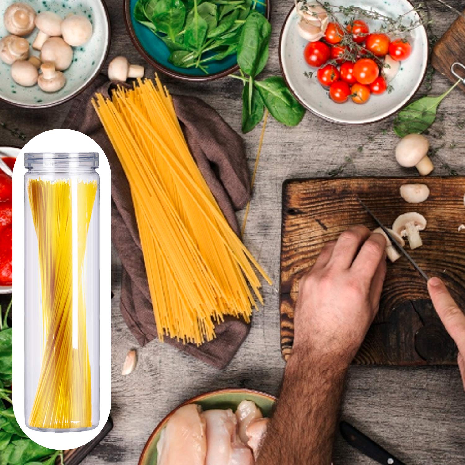 FEOOWV dry-goods container emphasizes versatile use for beans, rice, snacks.