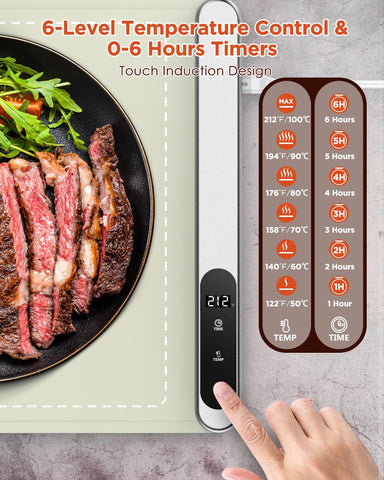 Built-in 0-6 hour timer to extend warmth during meals.