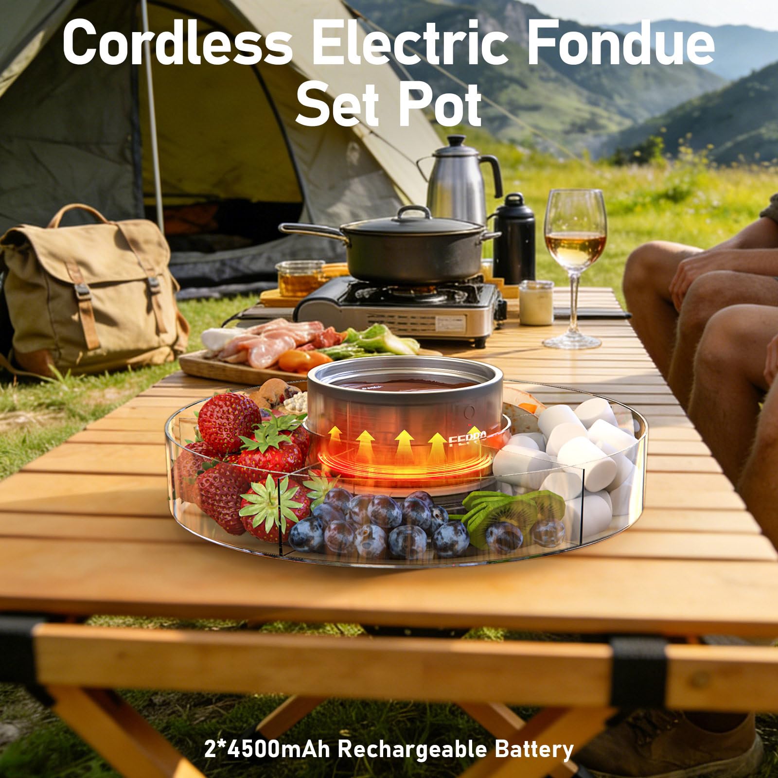 FEPPO cordless fondue set with battery pack enables portable heating anywhere