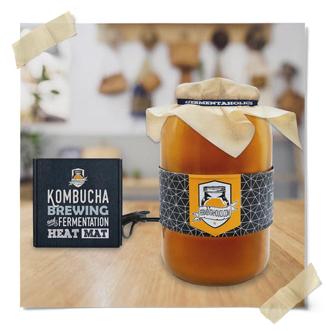 Warm glow from the Fermentaholics Kombucha Heater enhances the brewing space during fermentation.