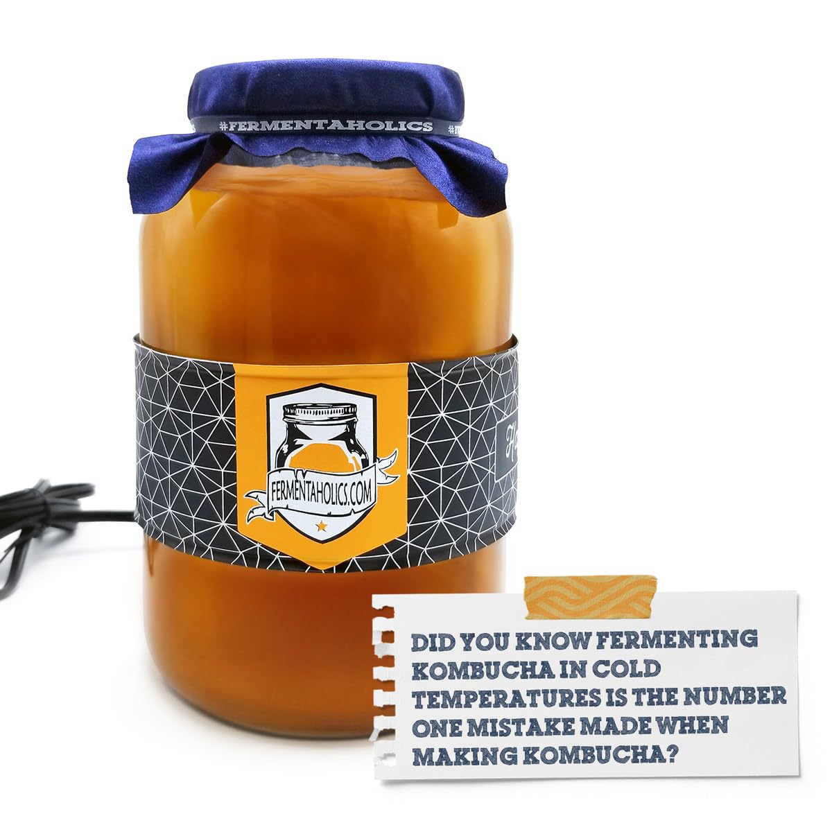 Adhesive thermometer on the Fermentaholics Kombucha Heater enables precise fermentation temperature monitoring.