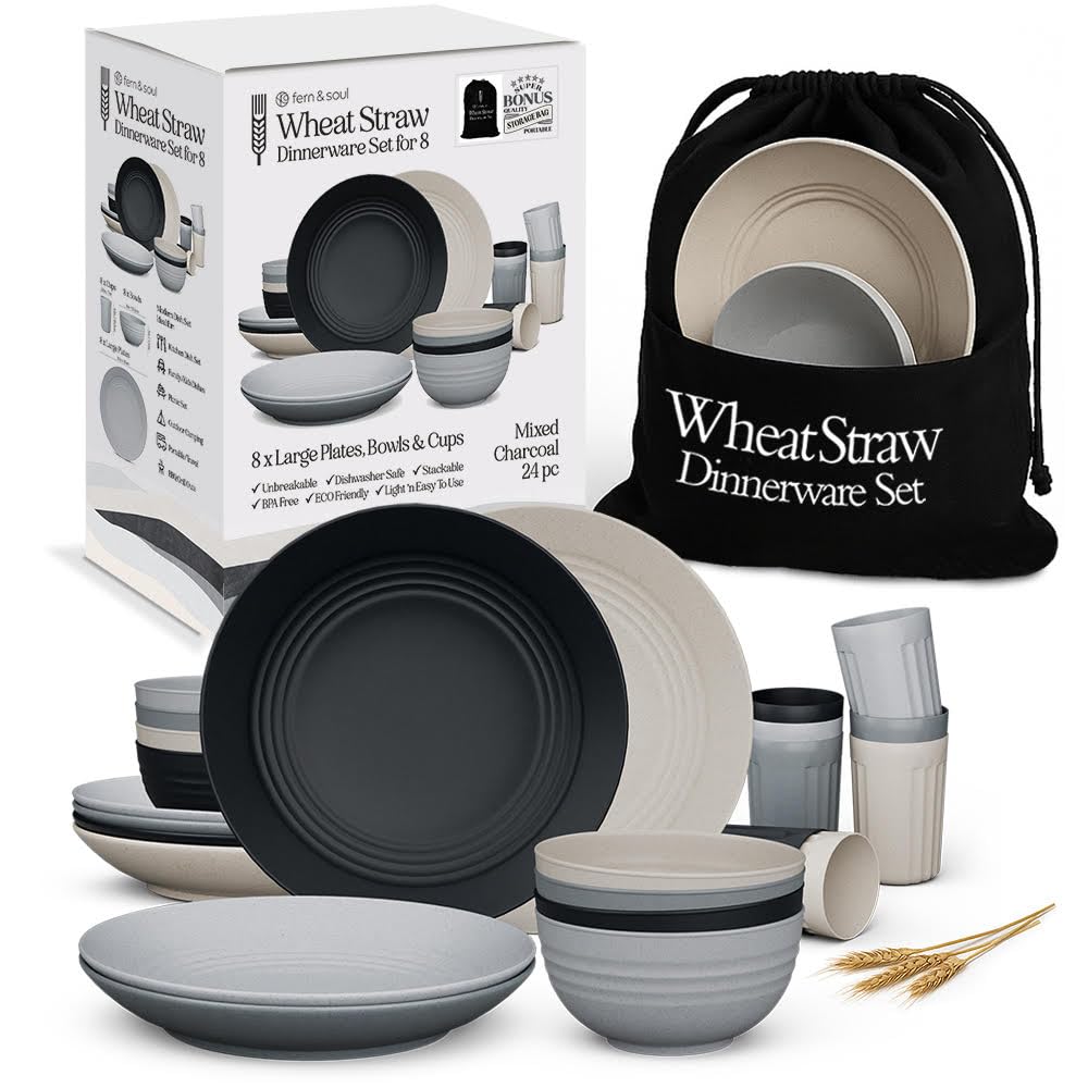 Fern & Soul charcoal plates show durable wheat straw dinnerware for everyday use.
