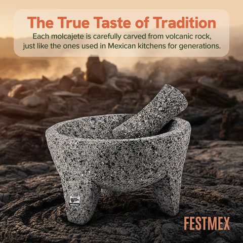 FESTMEX molcajete textured stone detail highlights natural craft.