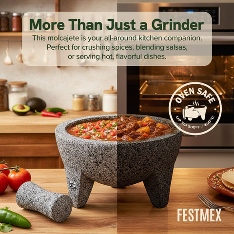 FESTMEX tejolote pestle in hand for precise manual grinding.