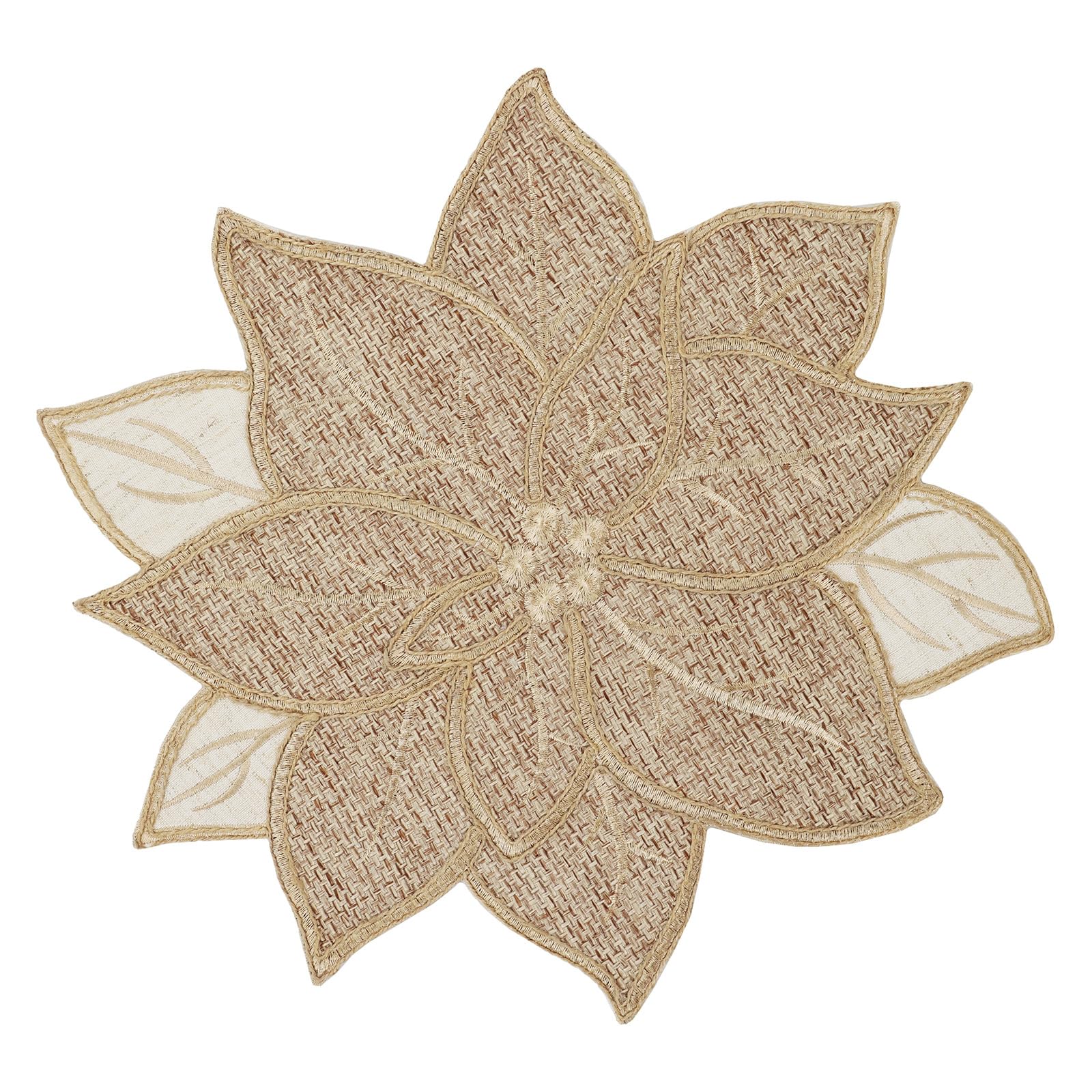 Feuille poinsettia burlap placemats add festive warmth and heat protection for your round table.