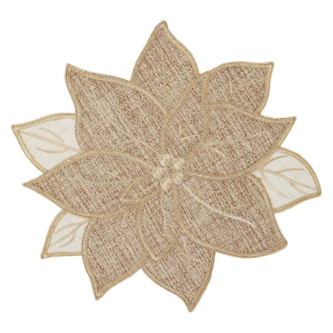 Feuille poinsettia burlap placemats add festive warmth and heat protection for your round table.