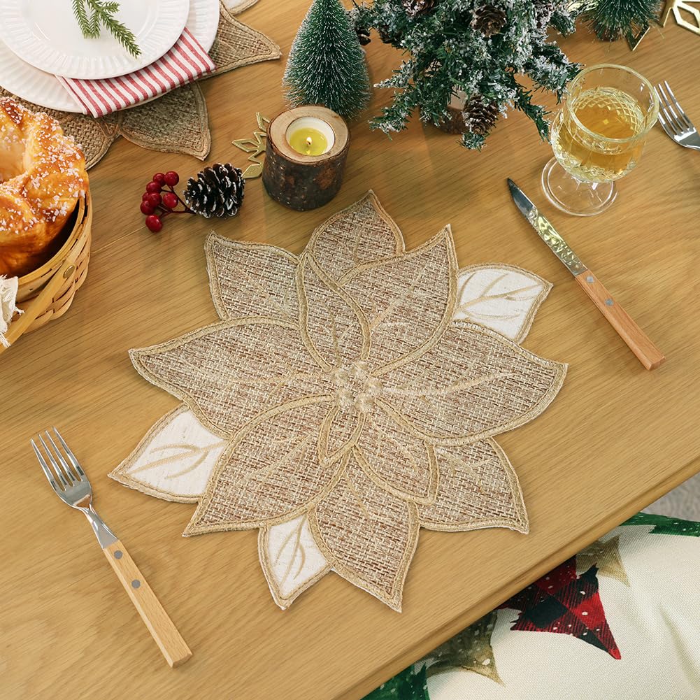 Feuille poinsettia round placemats coordinate with holiday tableware.