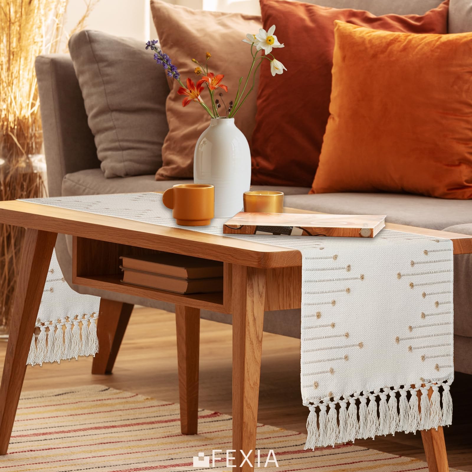 FEXIA boho table runner used in a bedroom setup for style