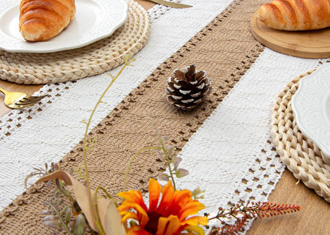 FEXIA bridal shower tablescape with boho runner and soft textures