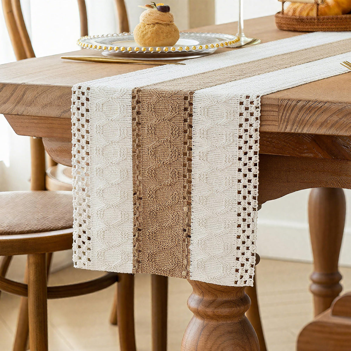 FEXIA boho table runner with out tassels on rustic dining table, ideal centerpiece