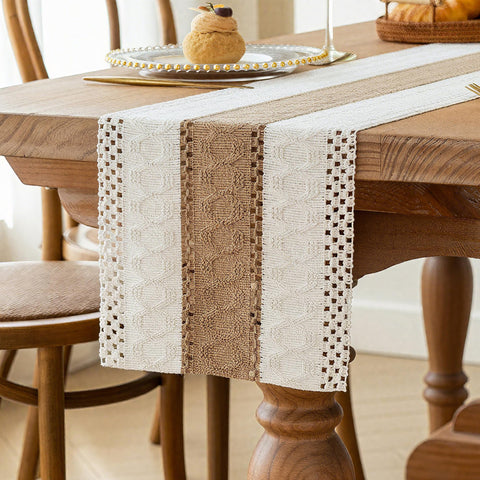 FEXIA boho table runner with out tassels on rustic dining table, ideal centerpiece