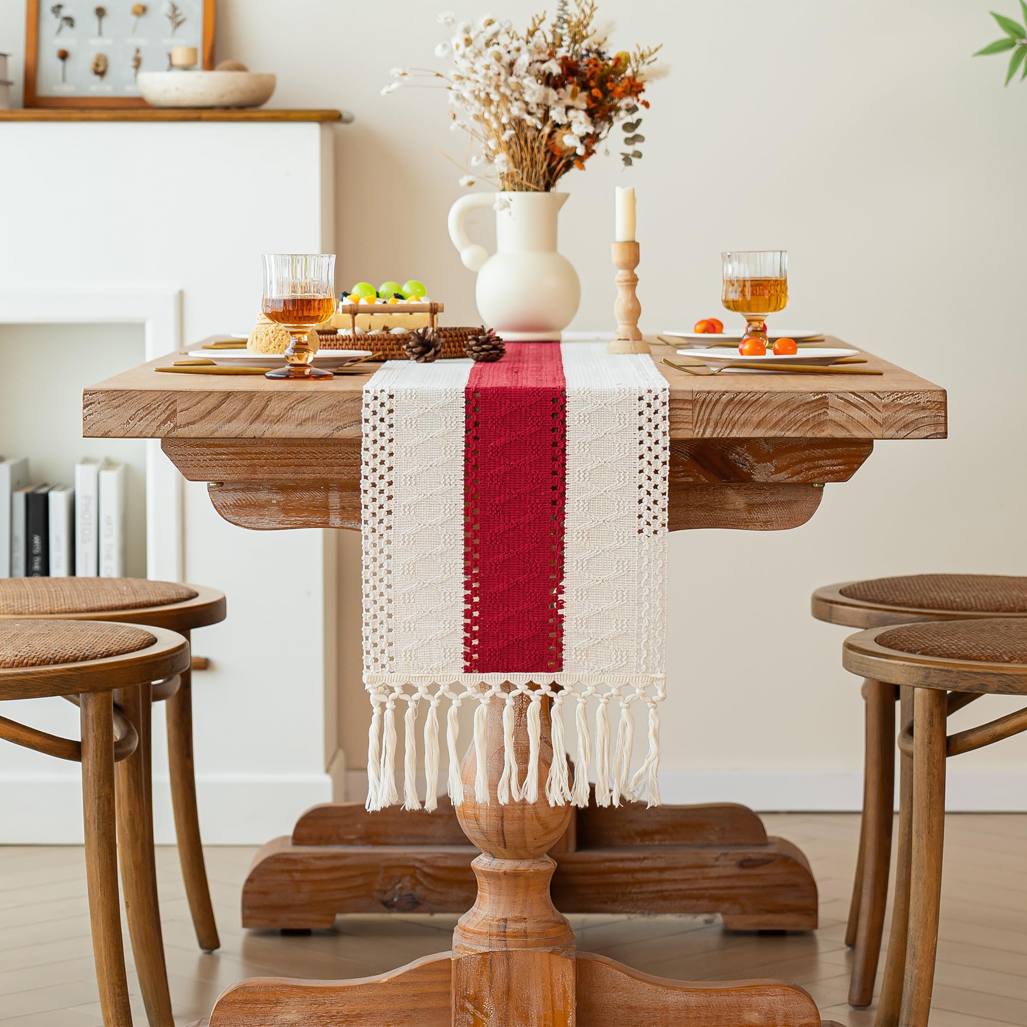 FEXIA macrame red burlap runner enhances rustic farmhouse and boho dining setups.