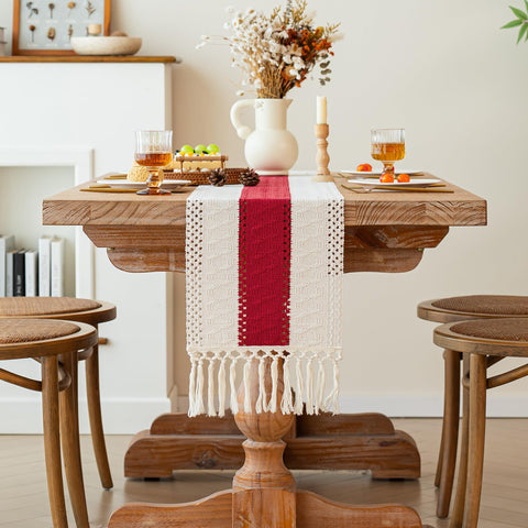 FEXIA macrame red burlap runner enhances rustic farmhouse and boho dining setups.