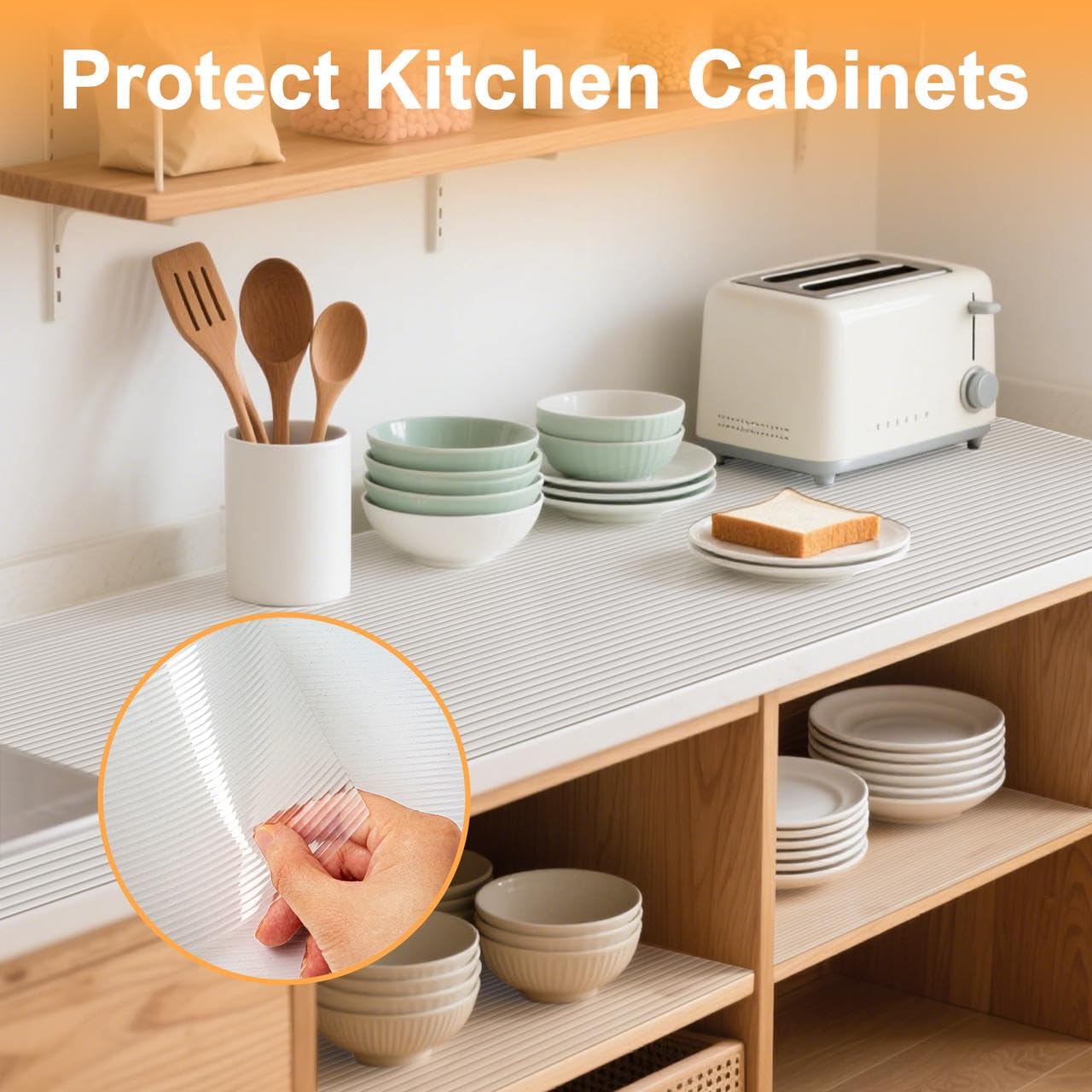 FEXIA liner used across cabinets, drawers, and fridge shelves for organization.