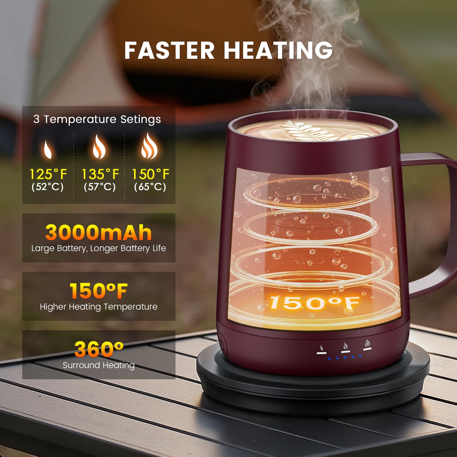 Fexqic mug battery life up to 6 hours, showing travel readiness.