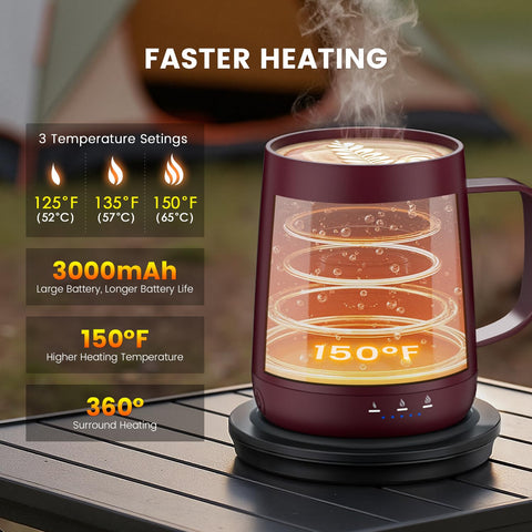 Fexqic mug battery life up to 6 hours, showing travel readiness.