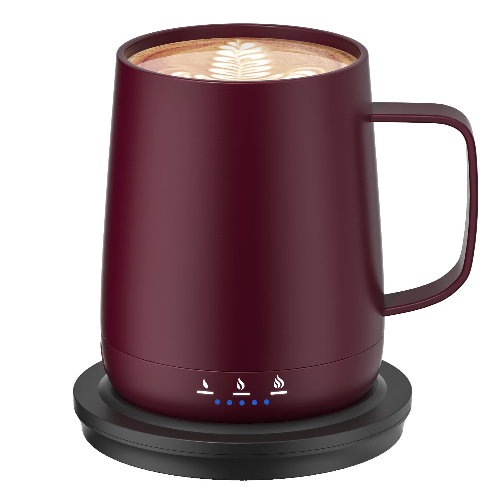 Fexqic smart self-heating mug in Claret front view keeps drinks warm on the go.