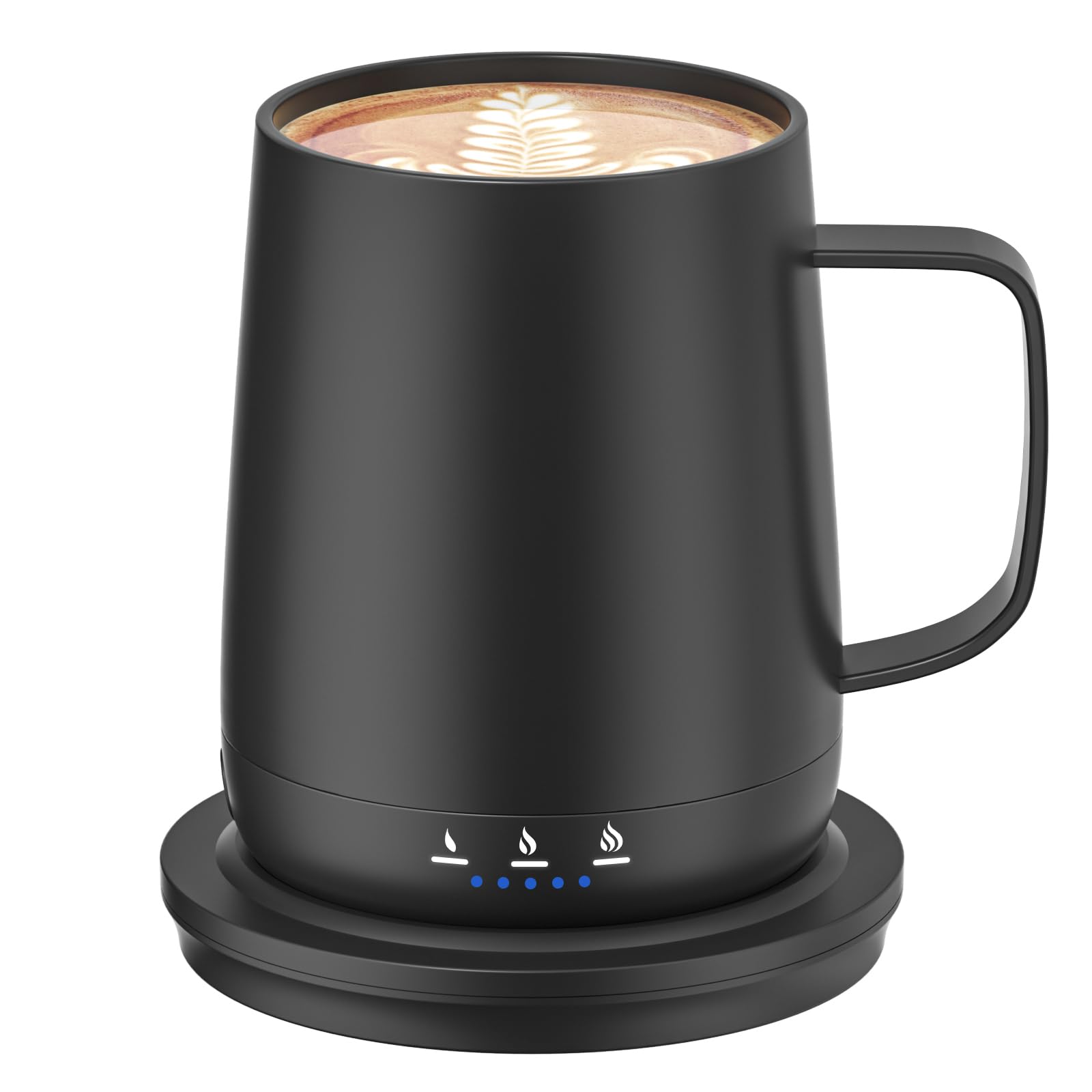 Fexqic smart self-heating mug showing 125℉ setting for consistent warmth on the go.