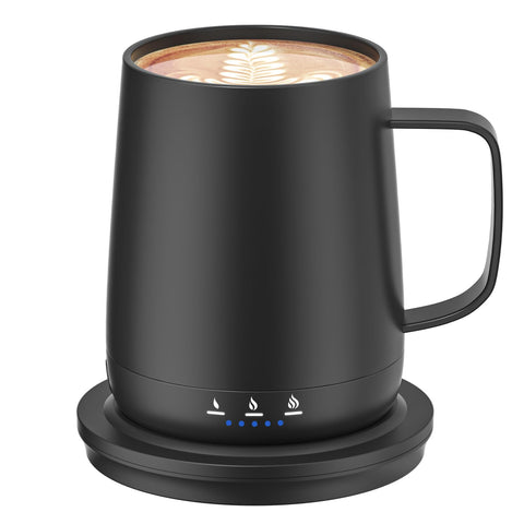 Fexqic smart self-heating mug showing 125℉ setting for consistent warmth on the go.