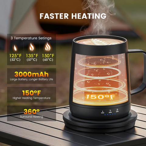 Fexqic mug reaches 150℉ for a hot sip when needed.