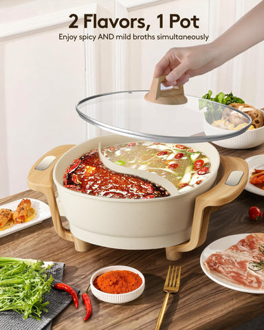 FGJ dual-flavor hot pot with divider keeps broths separate for customizable meals.