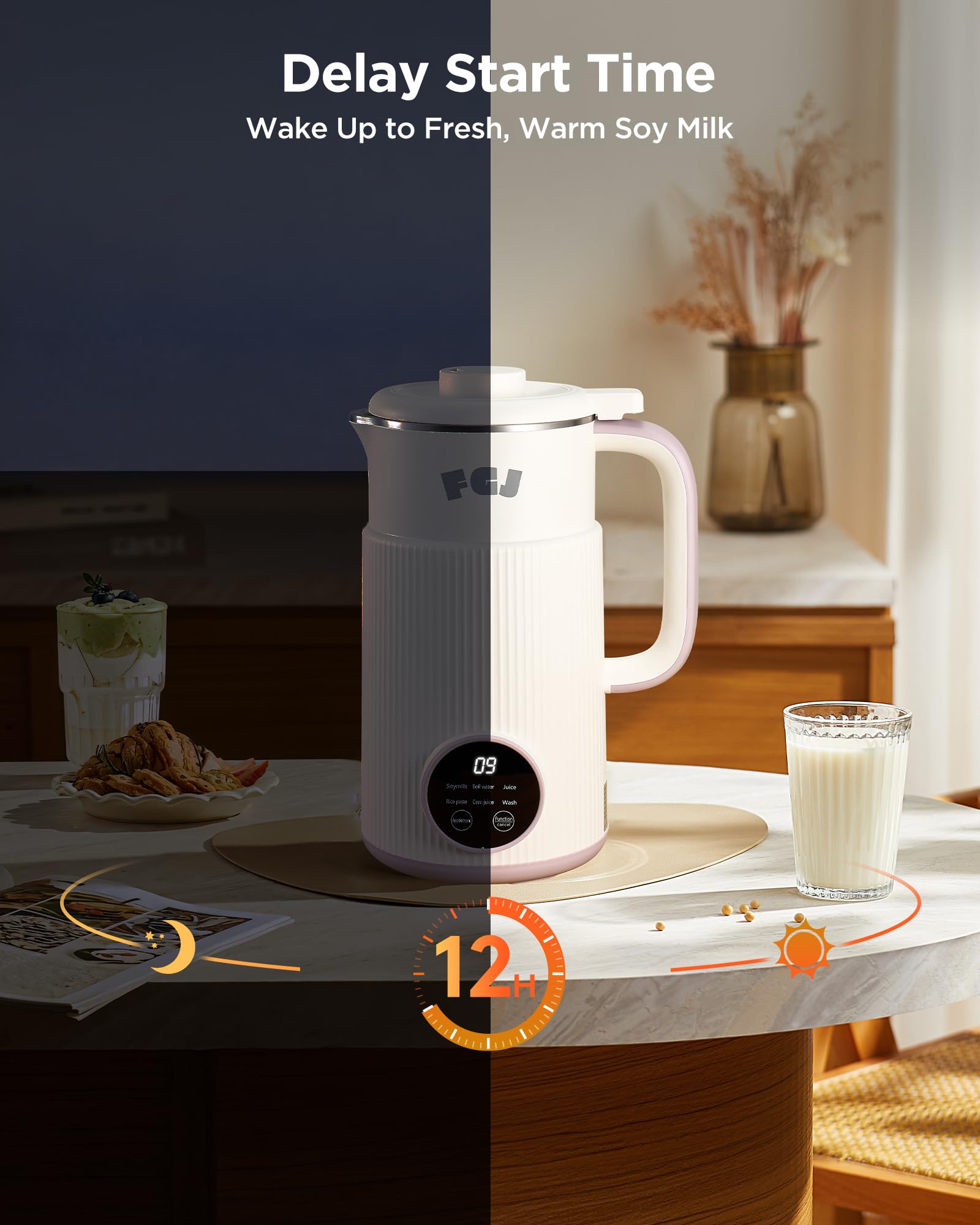 FGJ Nut Milk Maker keep warm and delay start feature for mornings