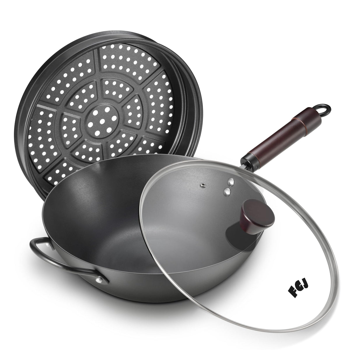 FGJ Wok 13-inch flat-bottom with lid for even heating and versatile cooking