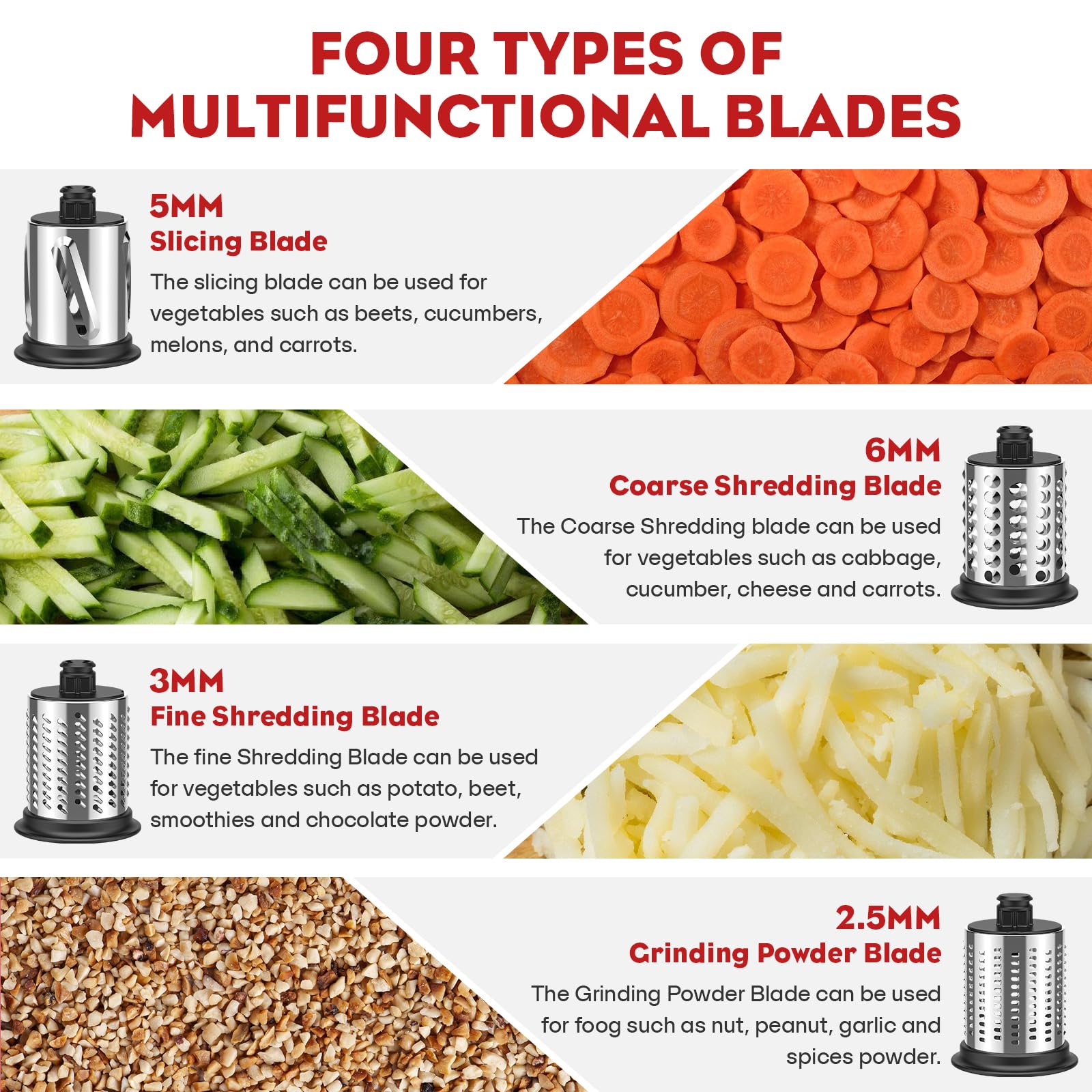 FGREEBLE 5mm slices and 6mm shreds for restaurant-like results at home.