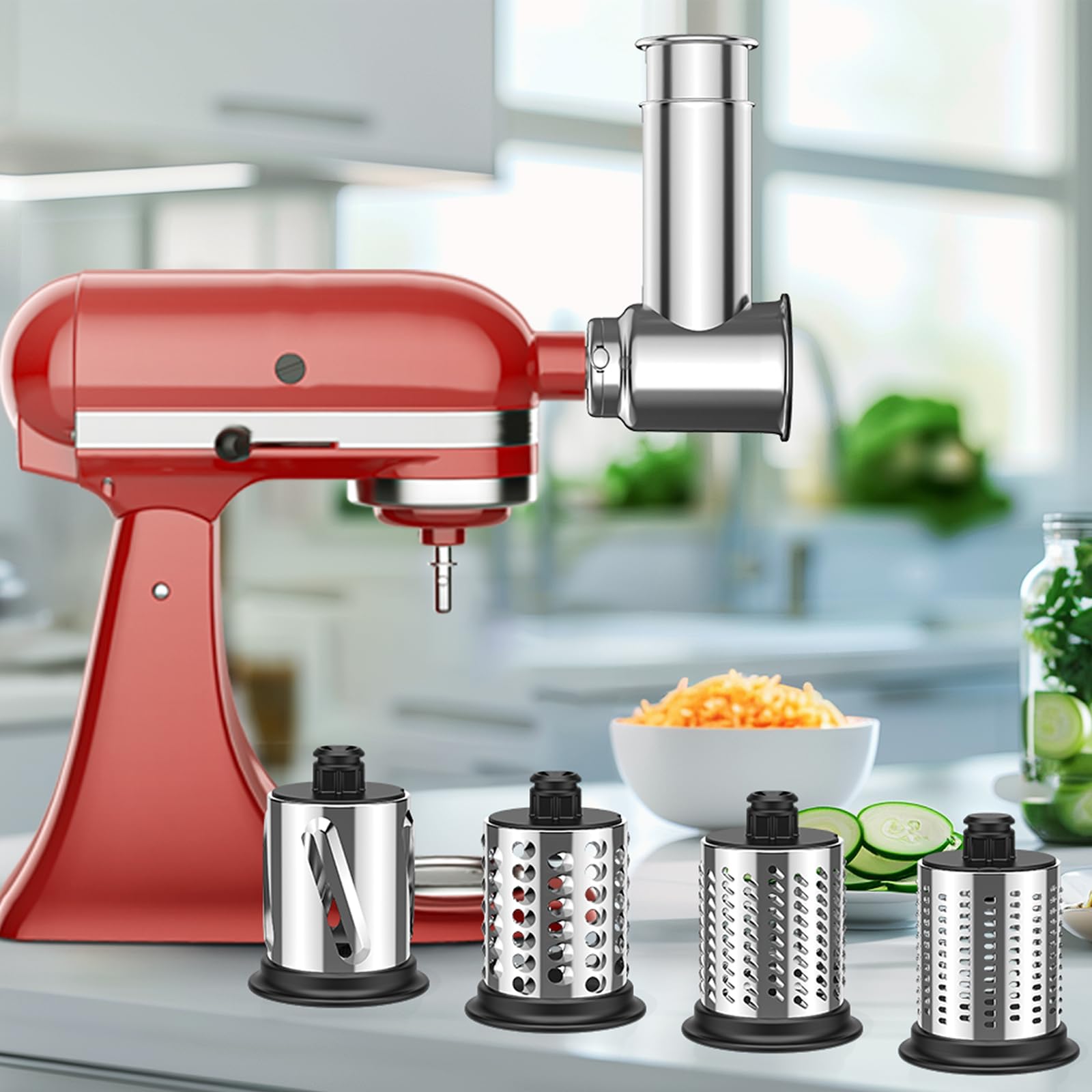 FGREEBLE four-blade mastery attachment offers versatile slicing, shredding, and grating.