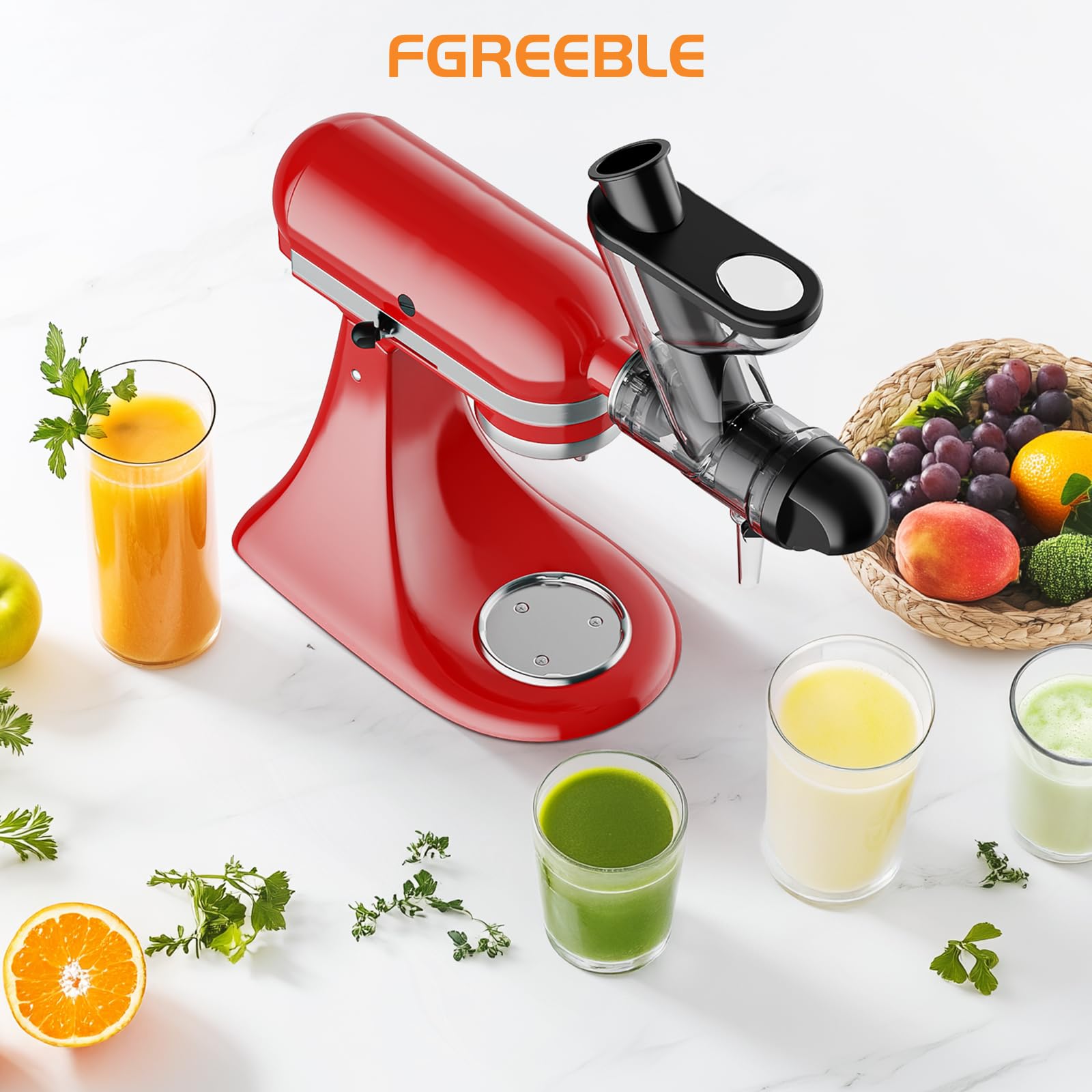 Fgreeble juicer attached to KitchenAid stand mixer ready for use.