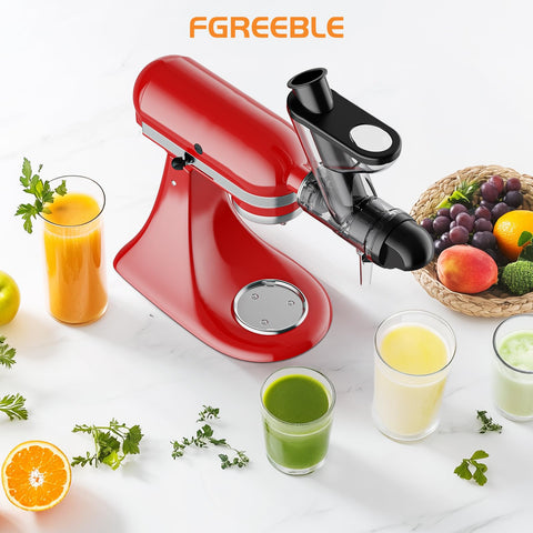 Fgreeble juicer attached to KitchenAid stand mixer ready for use.