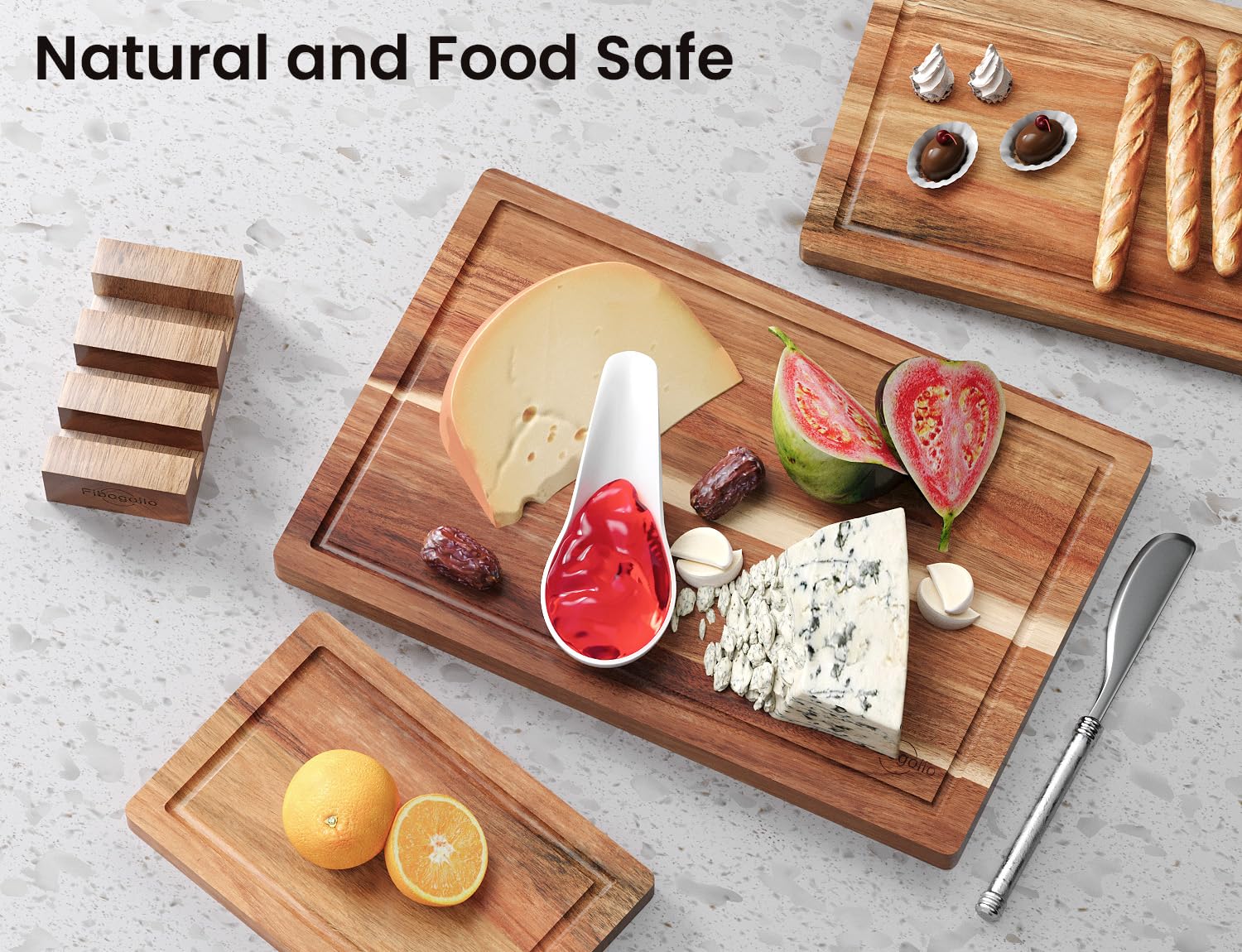 Fibogollo Acacia cutting board medium with built-in handles for easy grip